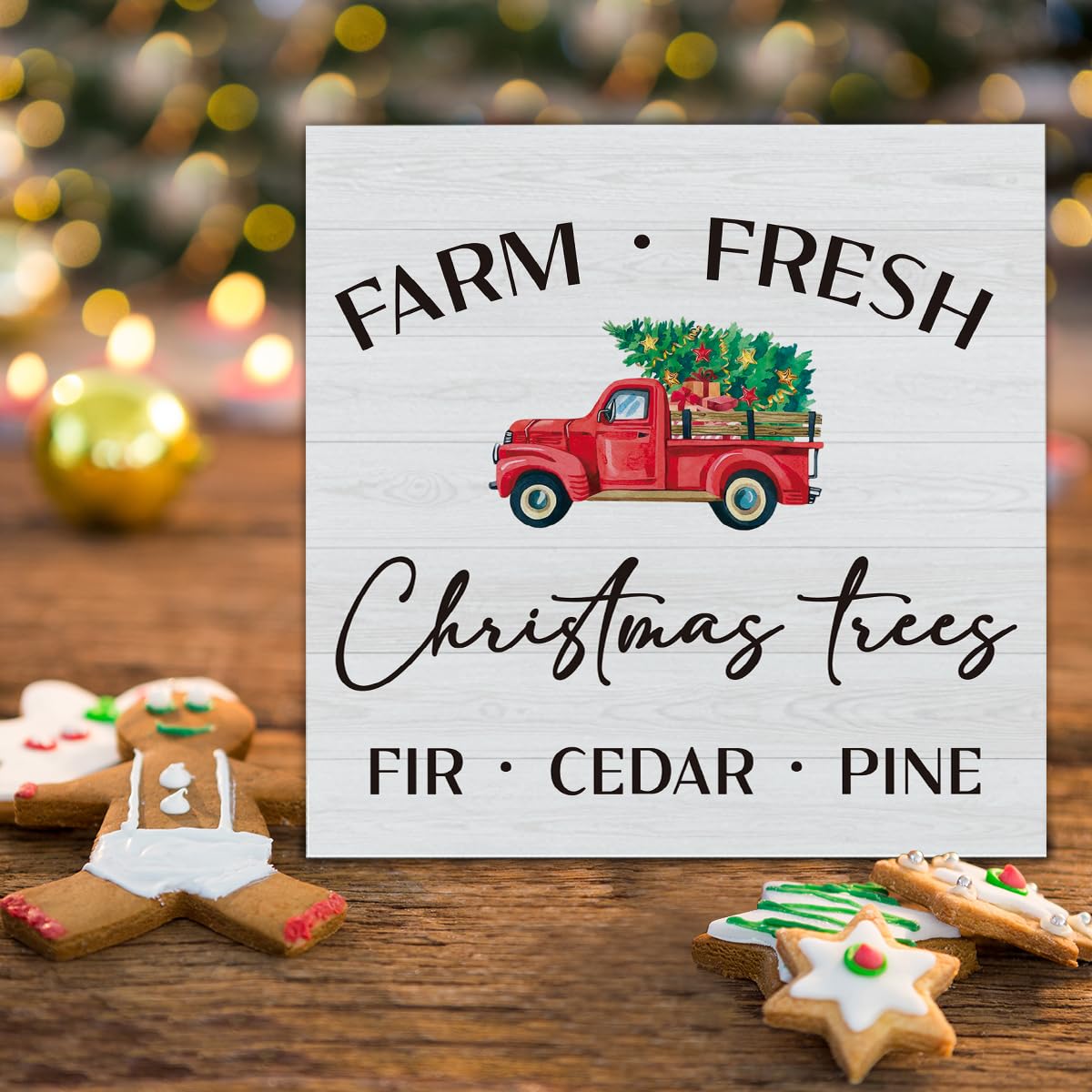 Christmas Indoor Decorations, Christmas Trees Red Truck Wooden Sign Decor, Farmhouse Christmas Wooden Block Sign