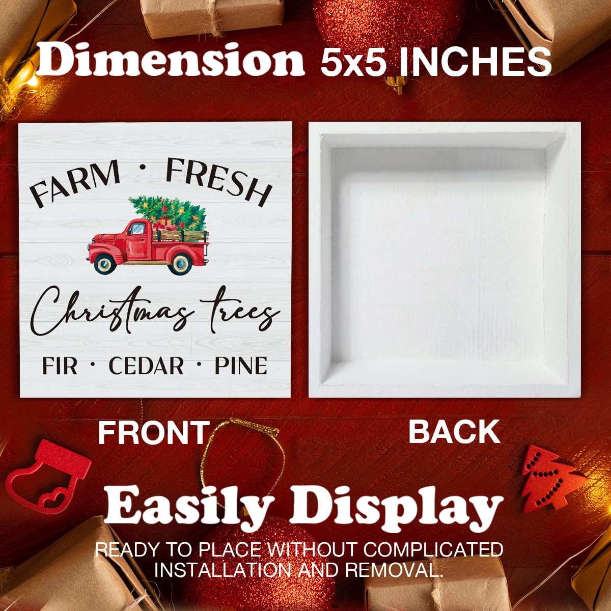 Christmas Indoor Decorations, Christmas Trees Red Truck Wooden Sign Decor, Farmhouse Christmas Wooden Block Sign