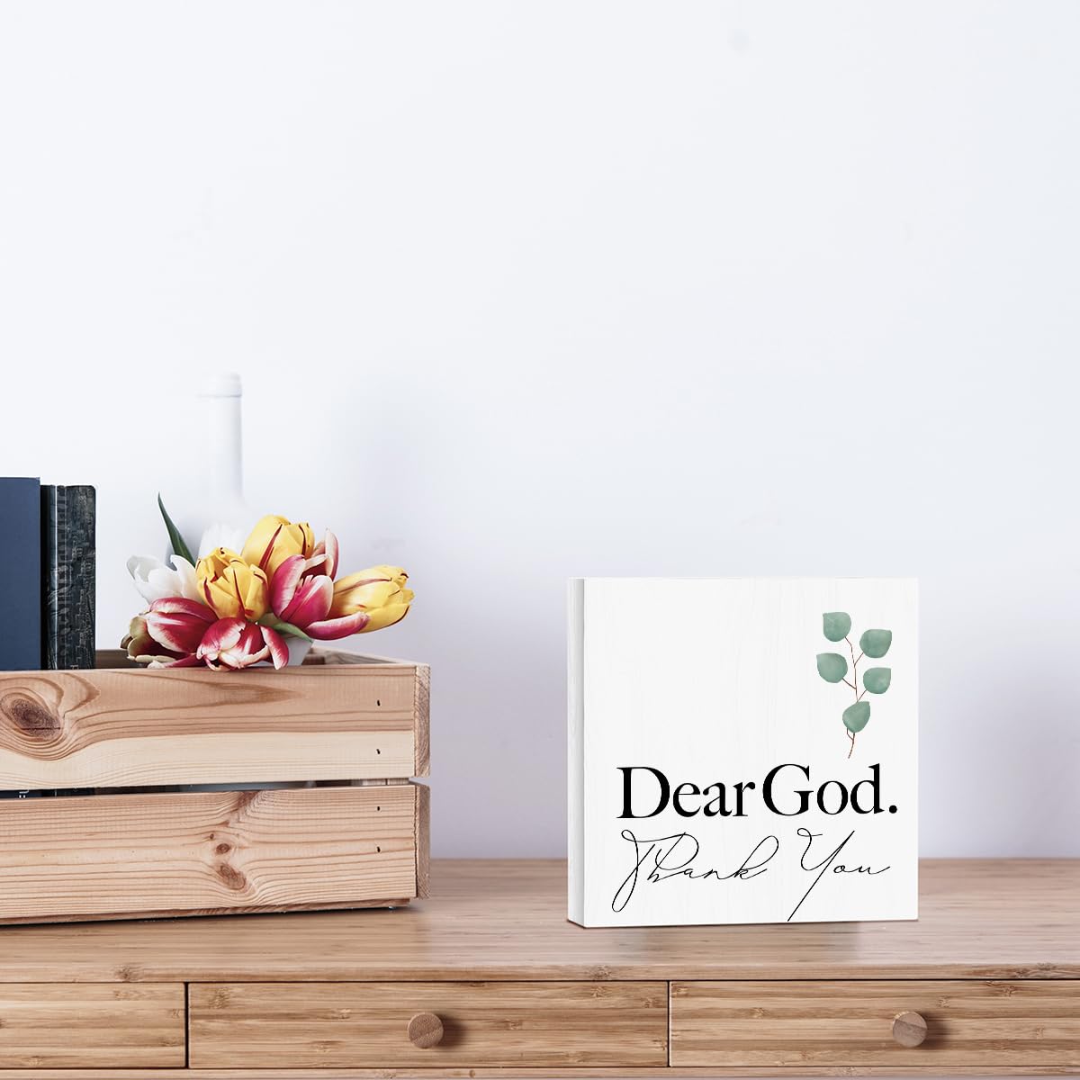 Farmhouse Decorative Signs Plaques Wooden Box Sign Desk Decor, Christian Saying Quote Rustic Religious Wood Block Plaque Box Sign