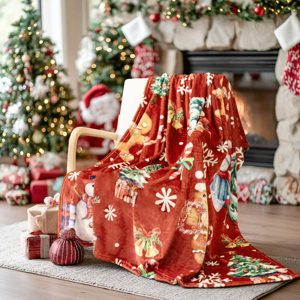 Christmas Throw Blanket, 50" x 60" Soft Flannel Gingerbread Blanket with Snowman and Xmas Tree