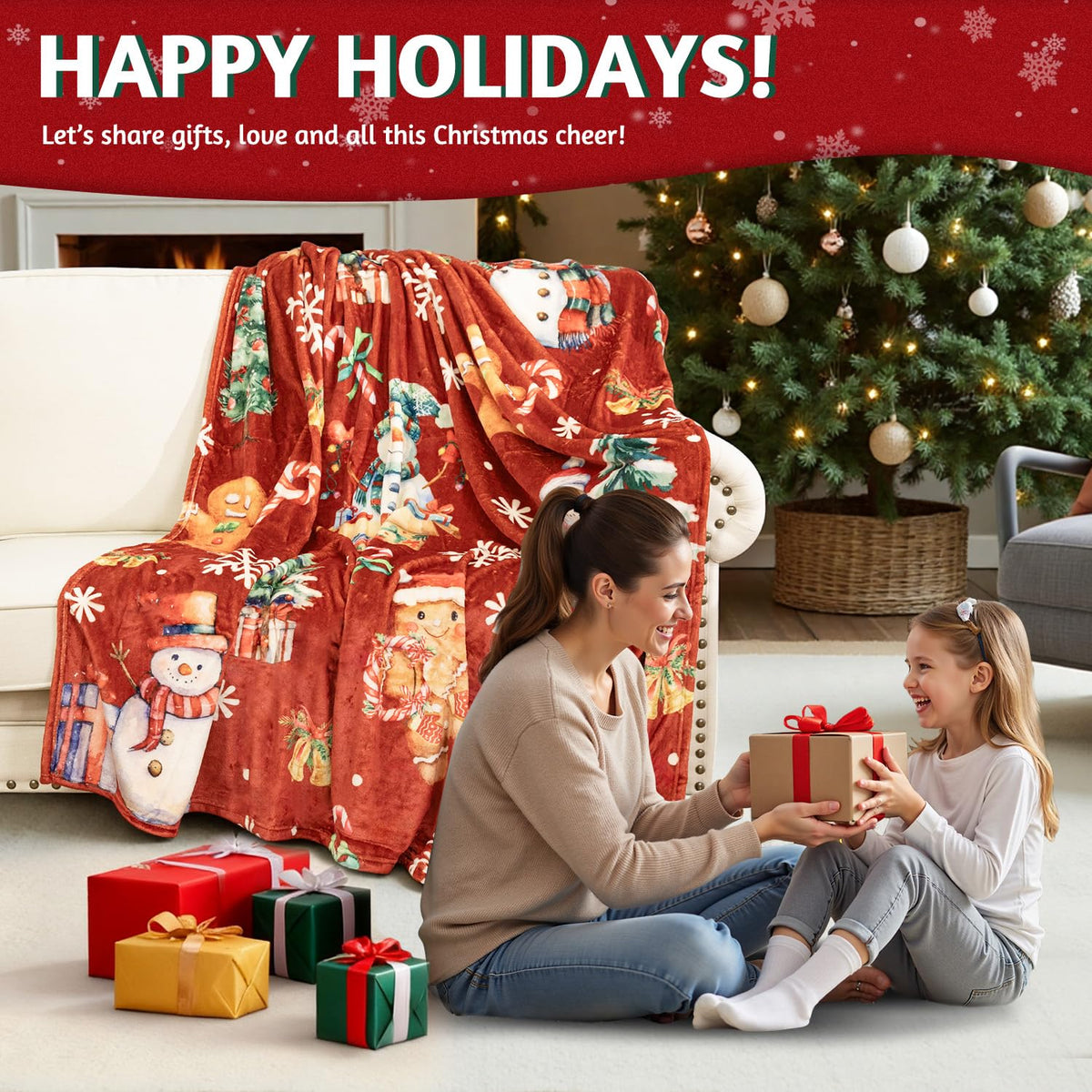 Christmas Throw Blanket, 50" x 60" Soft Flannel Gingerbread Blanket with Snowman and Xmas Tree