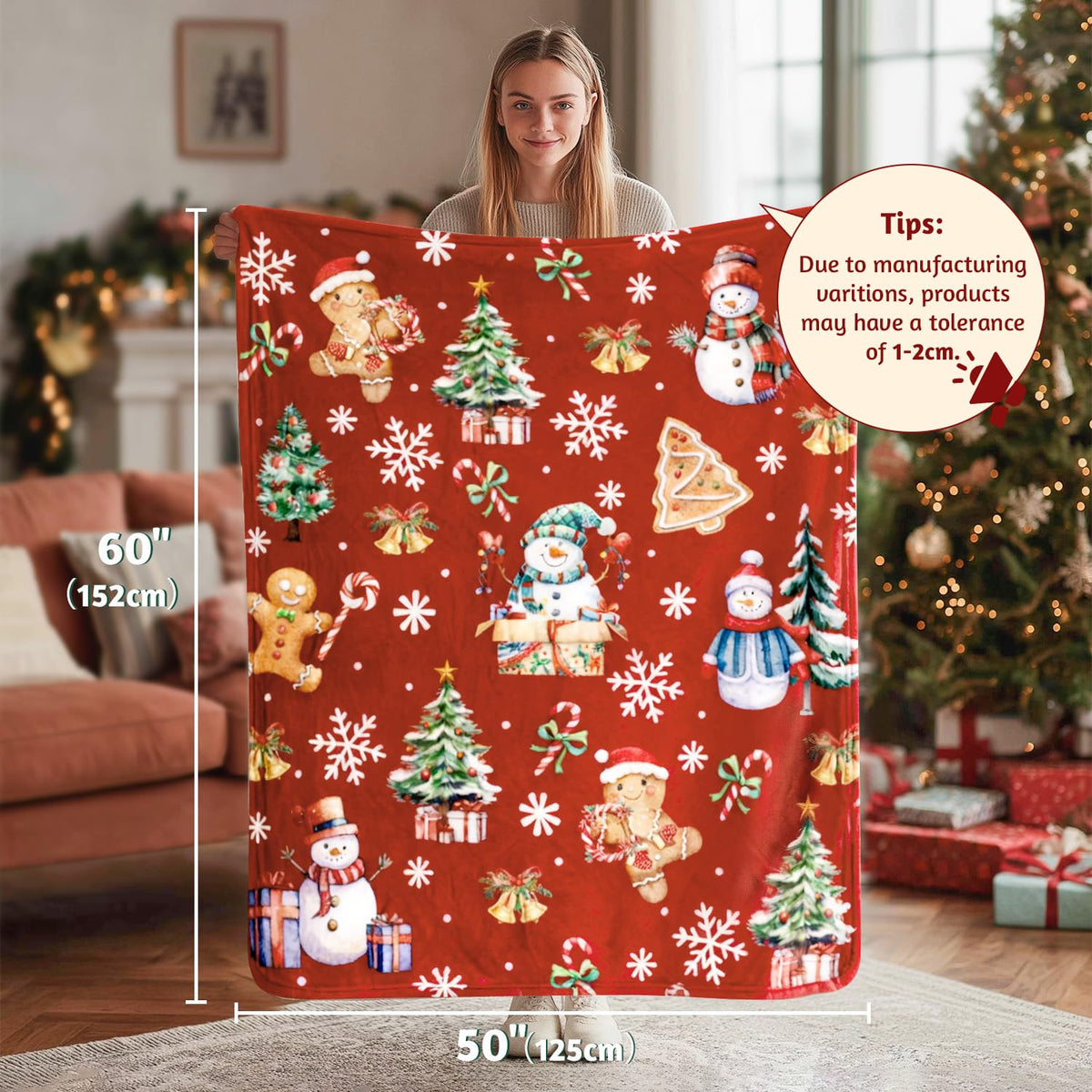 Christmas Throw Blanket, 50" x 60" Soft Flannel Gingerbread Blanket with Snowman and Xmas Tree