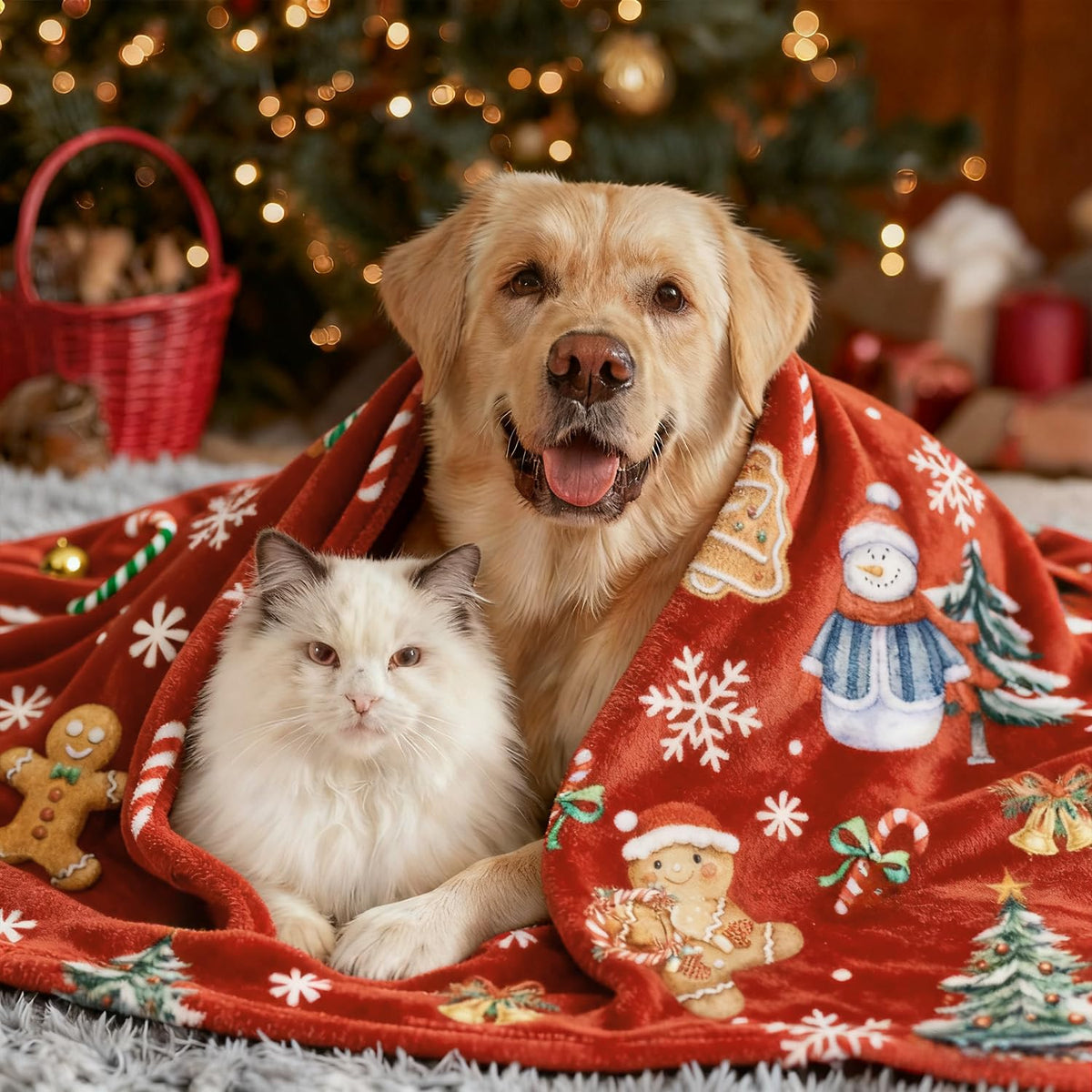 Christmas Throw Blanket, 50" x 60" Soft Flannel Gingerbread Blanket with Snowman and Xmas Tree