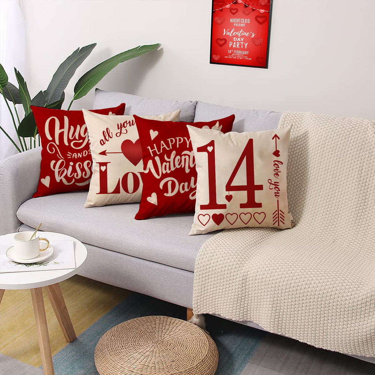 Waterproof Linen, Happy Valentine's Day Love Decorative Throw Pillow Covers 18 x 18 Set of 4