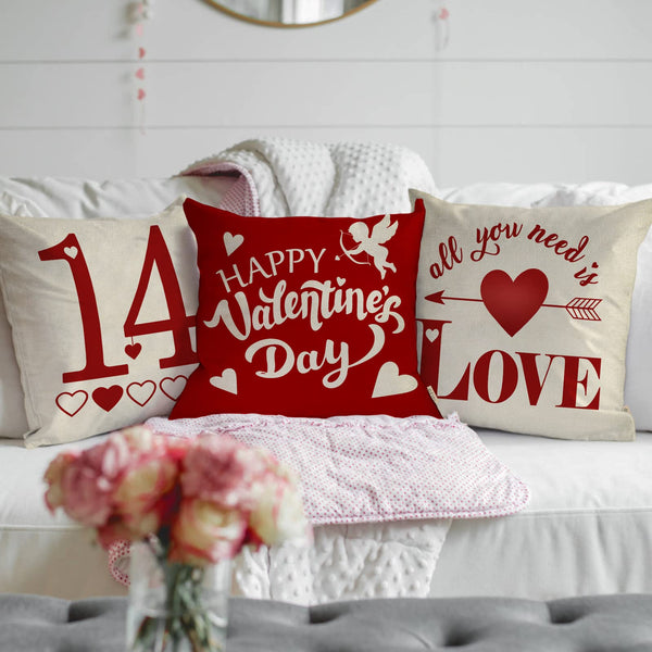 Waterproof Linen, Happy Valentine's Day Love Decorative Throw Pillow Covers 18 x 18 Set of 4