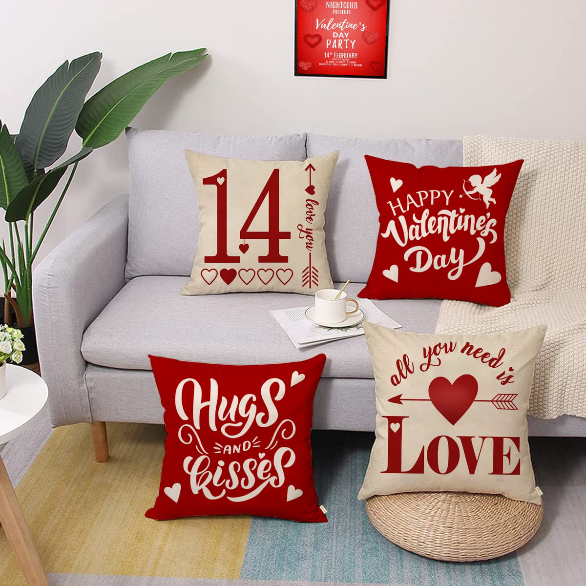 Waterproof Linen, Happy Valentine's Day Love Decorative Throw Pillow Covers 18 x 18 Set of 4