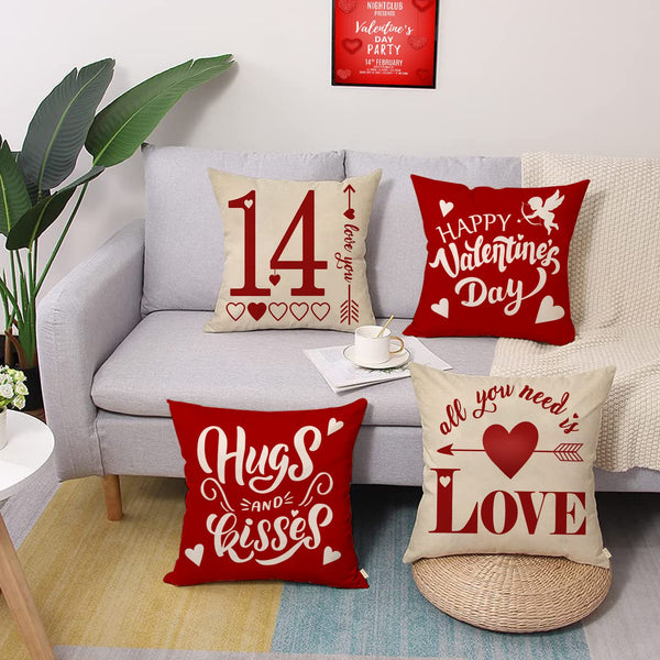Waterproof Linen, Happy Valentine's Day Love Decorative Throw Pillow Covers 18 x 18 Set of 4