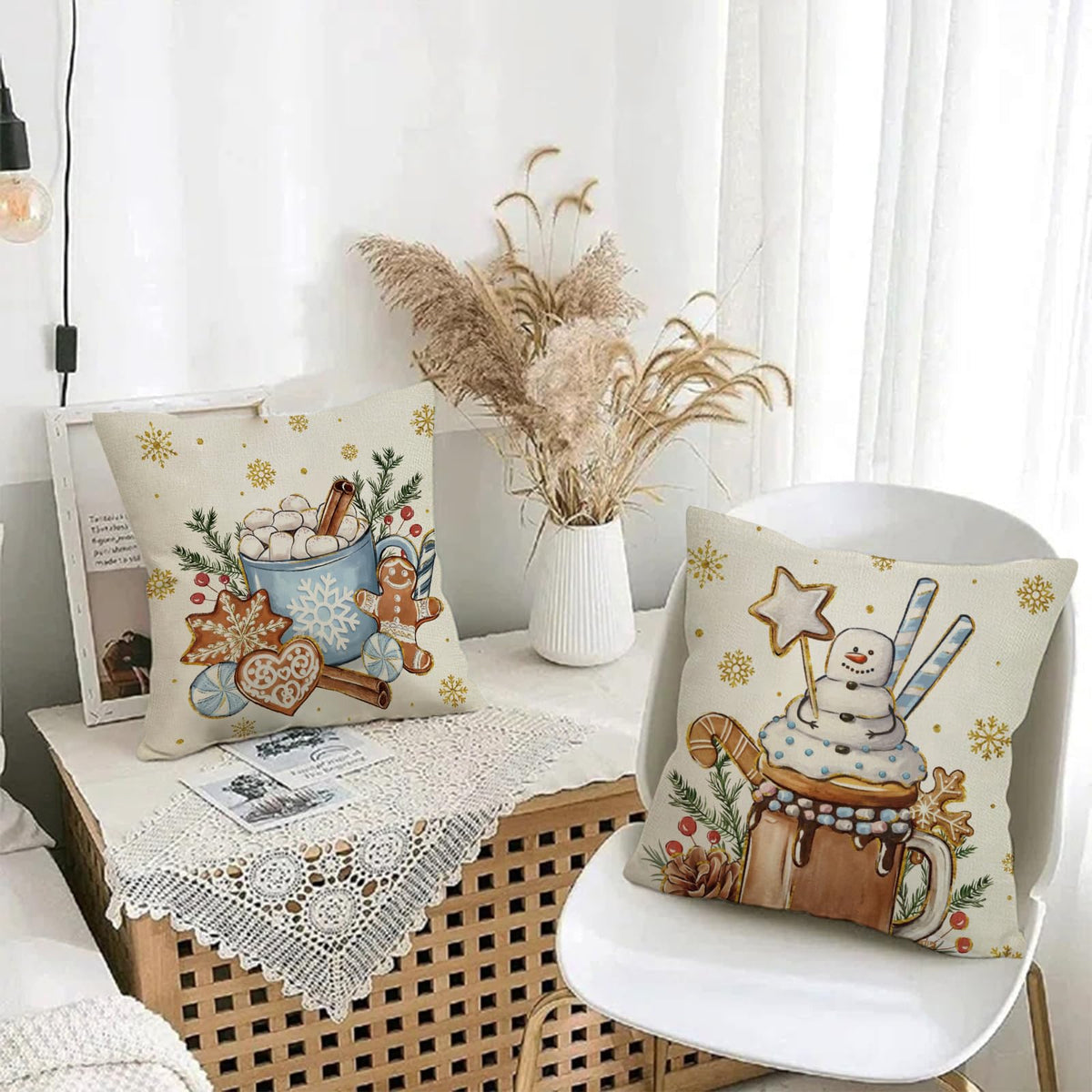 Hello Winter Blue Decorative Throw Pillow Covers 18x18 Set of 4, Get Cozy Hot Cocoa Gingerbread Cookie