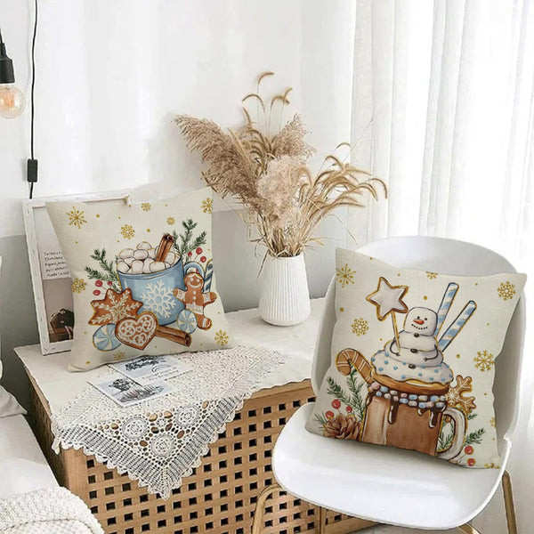 Hello Winter Blue Decorative Throw Pillow Covers 18x18 Set of 4, Get Cozy Hot Cocoa Gingerbread Cookie