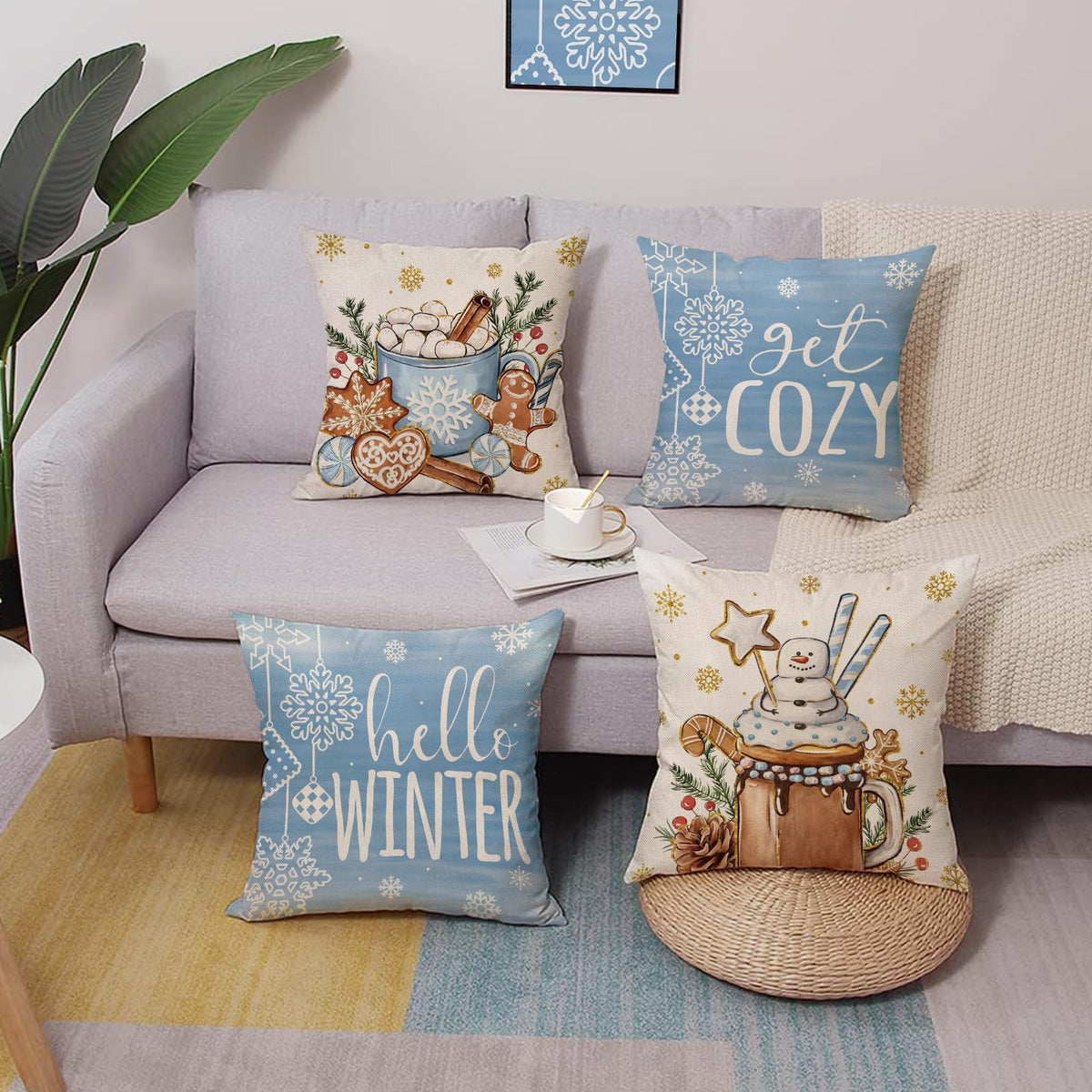 Hello Winter Blue Decorative Throw Pillow Covers 18x18 Set of 4, Get Cozy Hot Cocoa Gingerbread Cookie