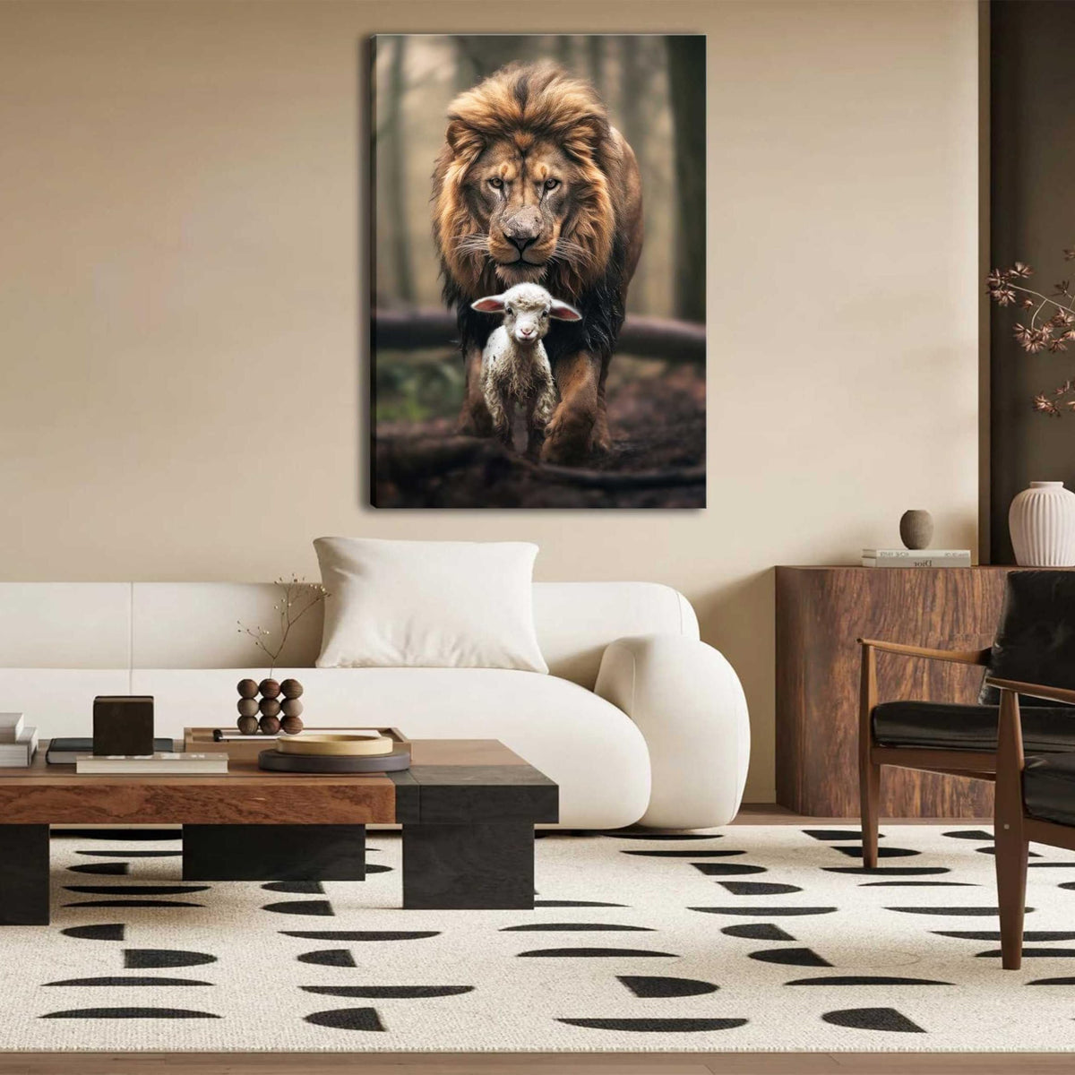 Framed Lion and Lamb Canvas Wall art Christian Lion King Poster Samll Size 8x12in/20x30cm