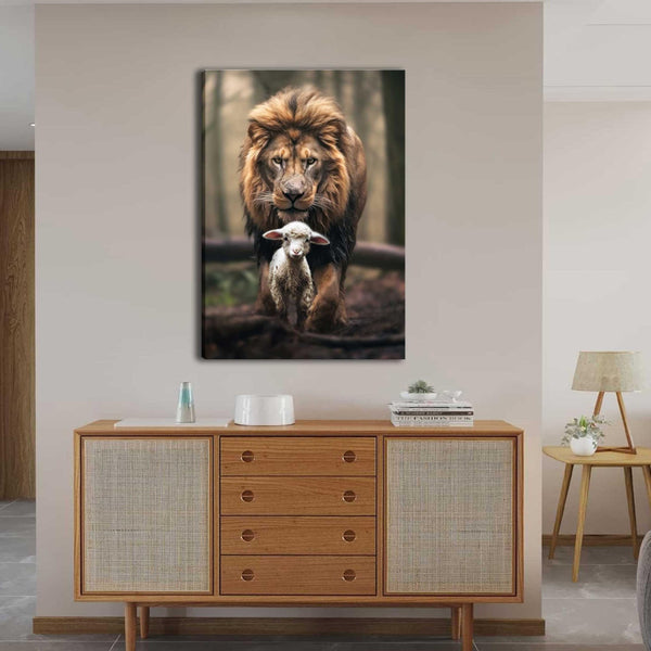 Framed Lion and Lamb Canvas Wall art Christian Lion King Poster Samll Size 8x12in/20x30cm