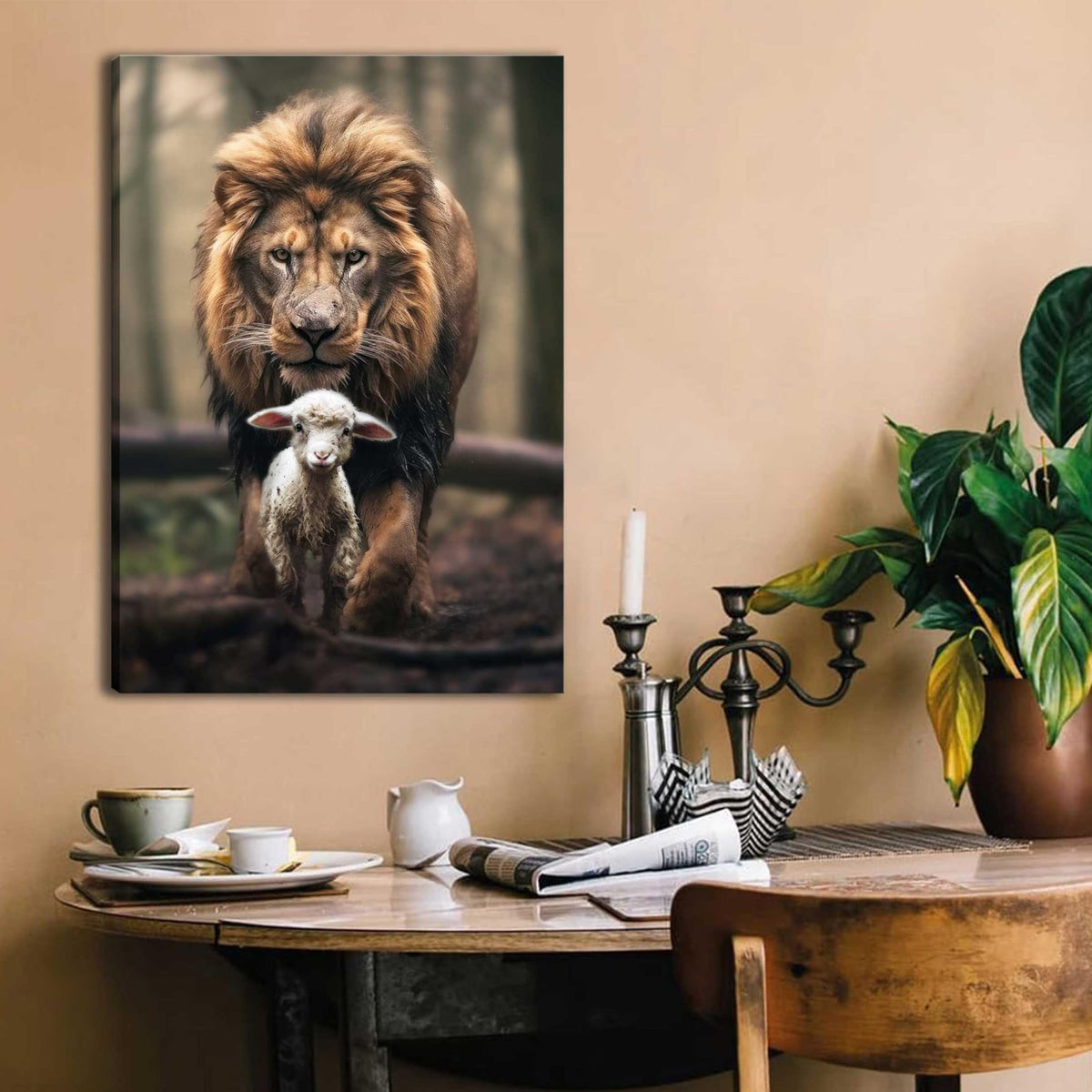 Framed Lion and Lamb Canvas Wall art Christian Lion King Poster Samll Size 8x12in/20x30cm