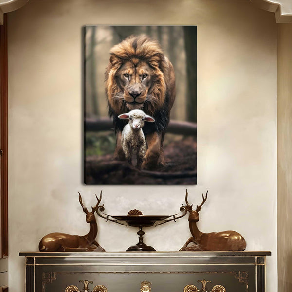 Framed Lion and Lamb Canvas Wall art Christian Lion King Poster Samll Size 8x12in/20x30cm