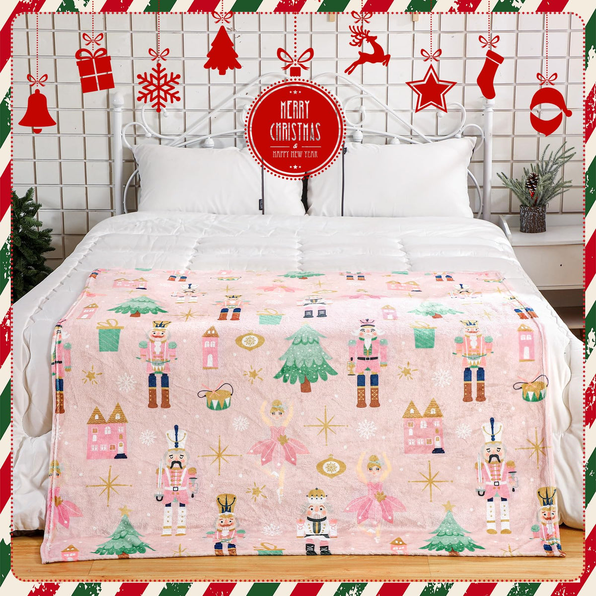 50 x 60 Inches Pink Nutcracker Christmas Throw Blanket Cute Soft Warm Lightweight Christmas Blanket