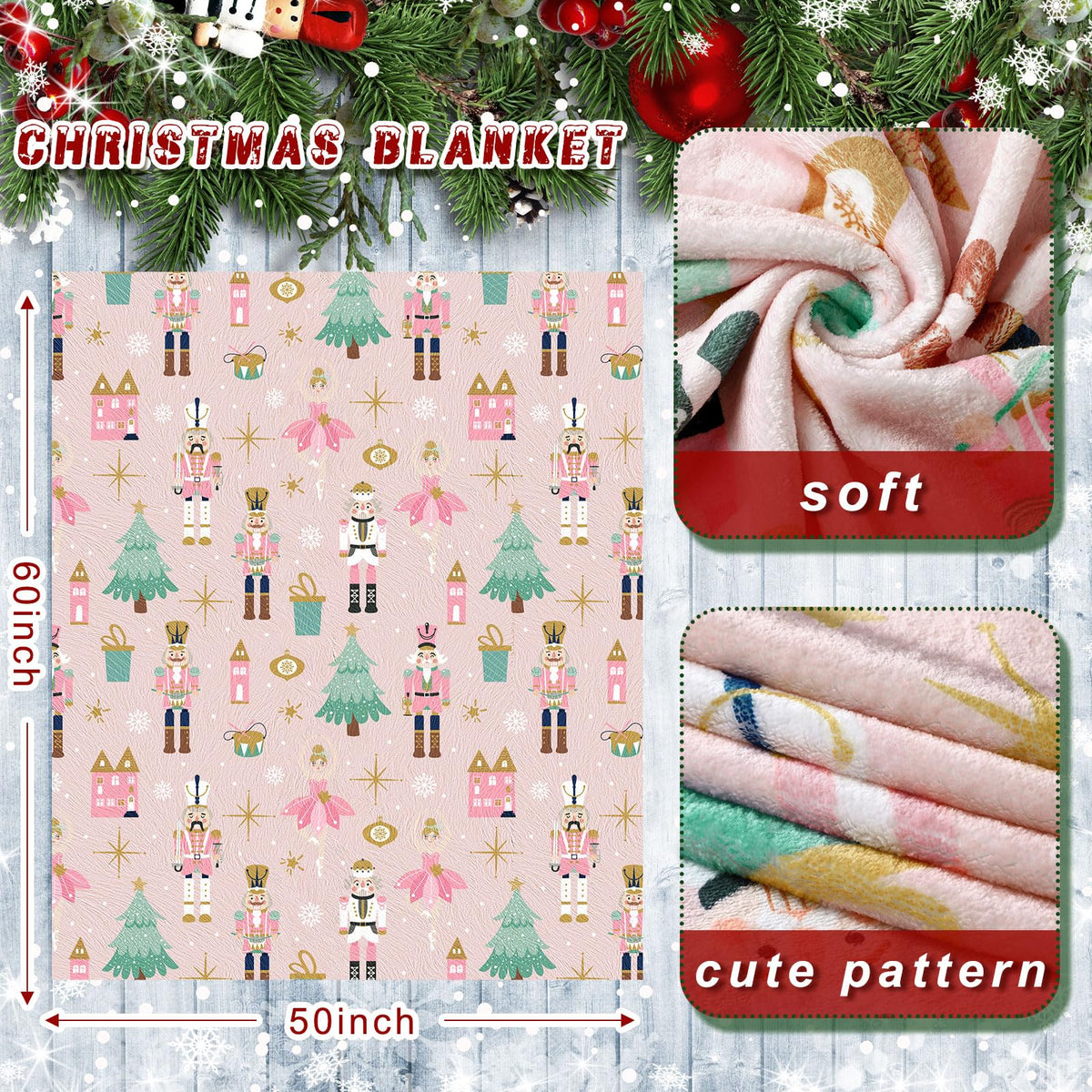 50 x 60 Inches Pink Nutcracker Christmas Throw Blanket Cute Soft Warm Lightweight Christmas Blanket