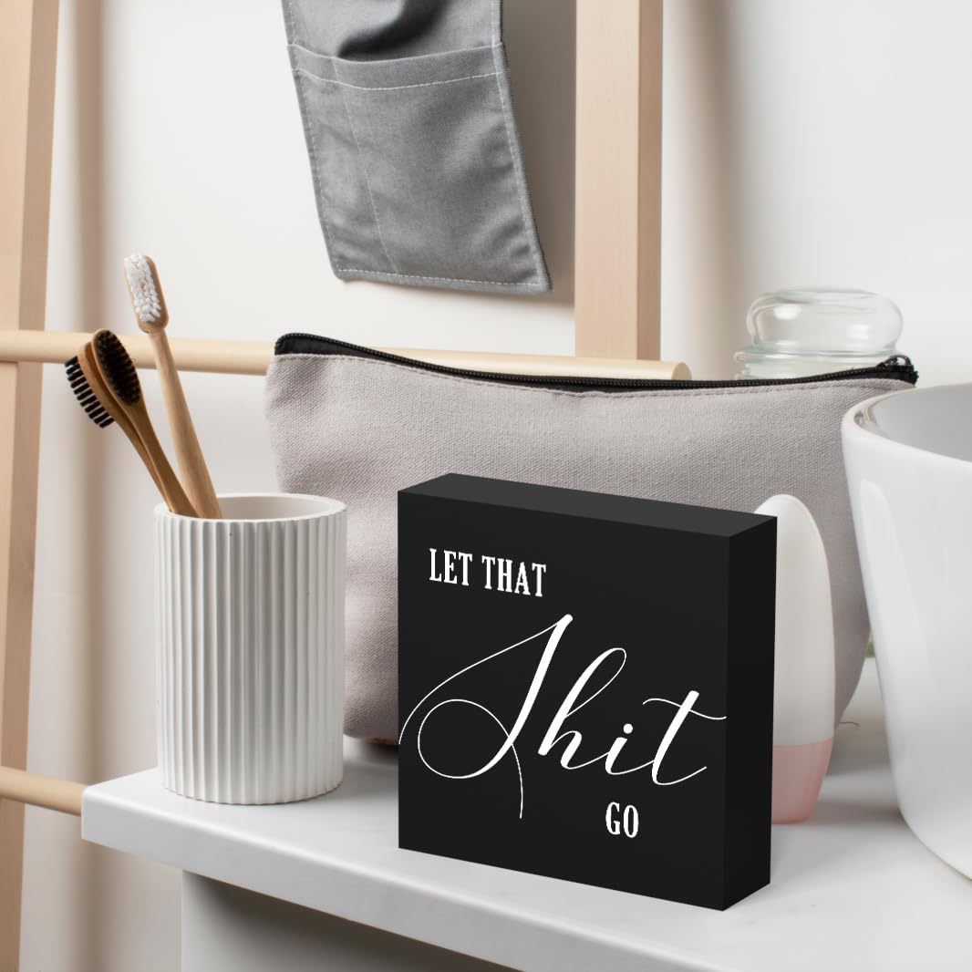 Funny Bathroom Decor Wood Box Sign, Black Farmhouse Toilet Sign with Humor