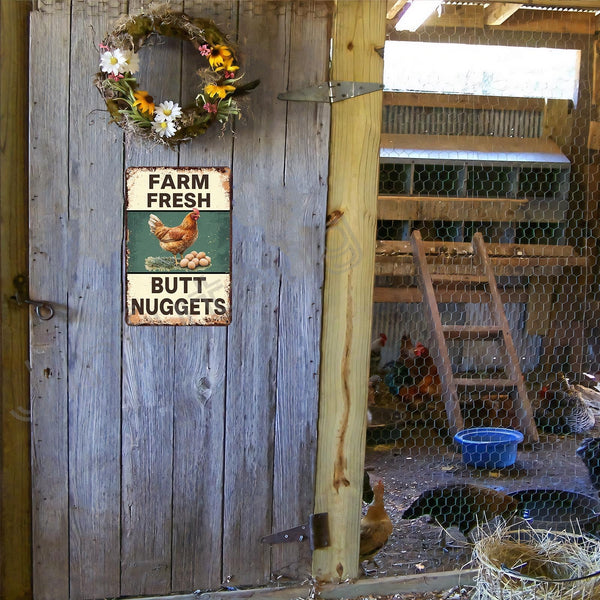 Funny Chicken Coop Sign Farm Fresh Butt Nuggets Tin Sign Vintage Metal Sign for Farm Yard Wall Decor