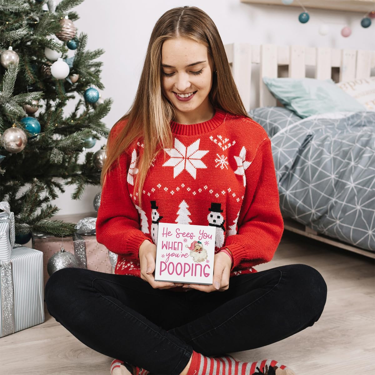 Funny Christmas Bathroom Decor, Pink Christmas Decoration, Funny Gift Decorations for Bathroom