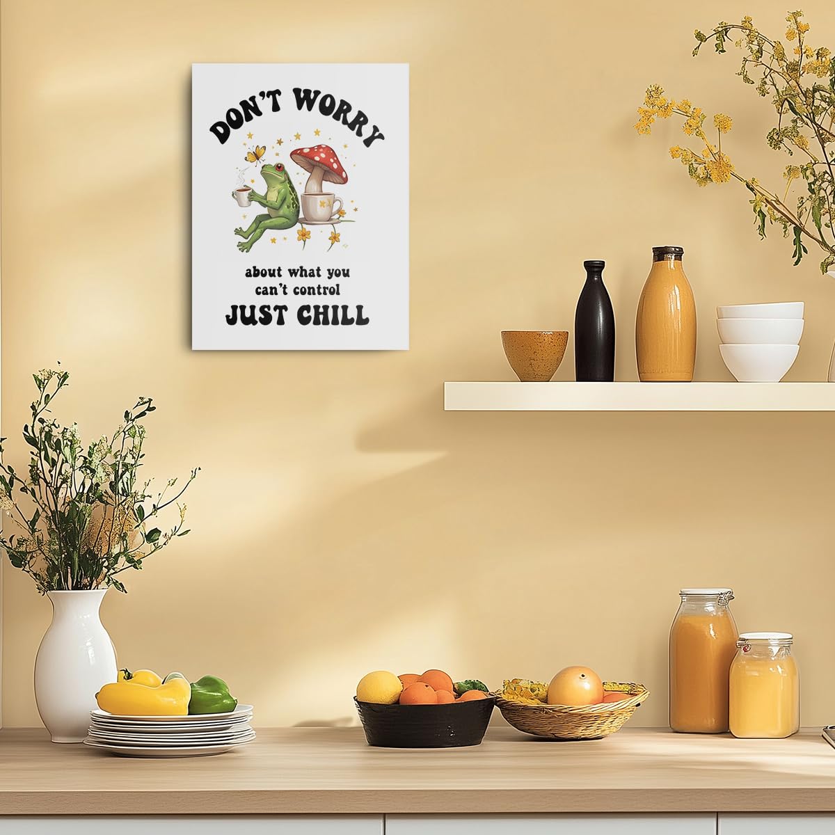 Funny Frog Mushroom Canvas Wall Art, Vintage Cute Frog Positive Quote Framed Art Paintings Wall Decor