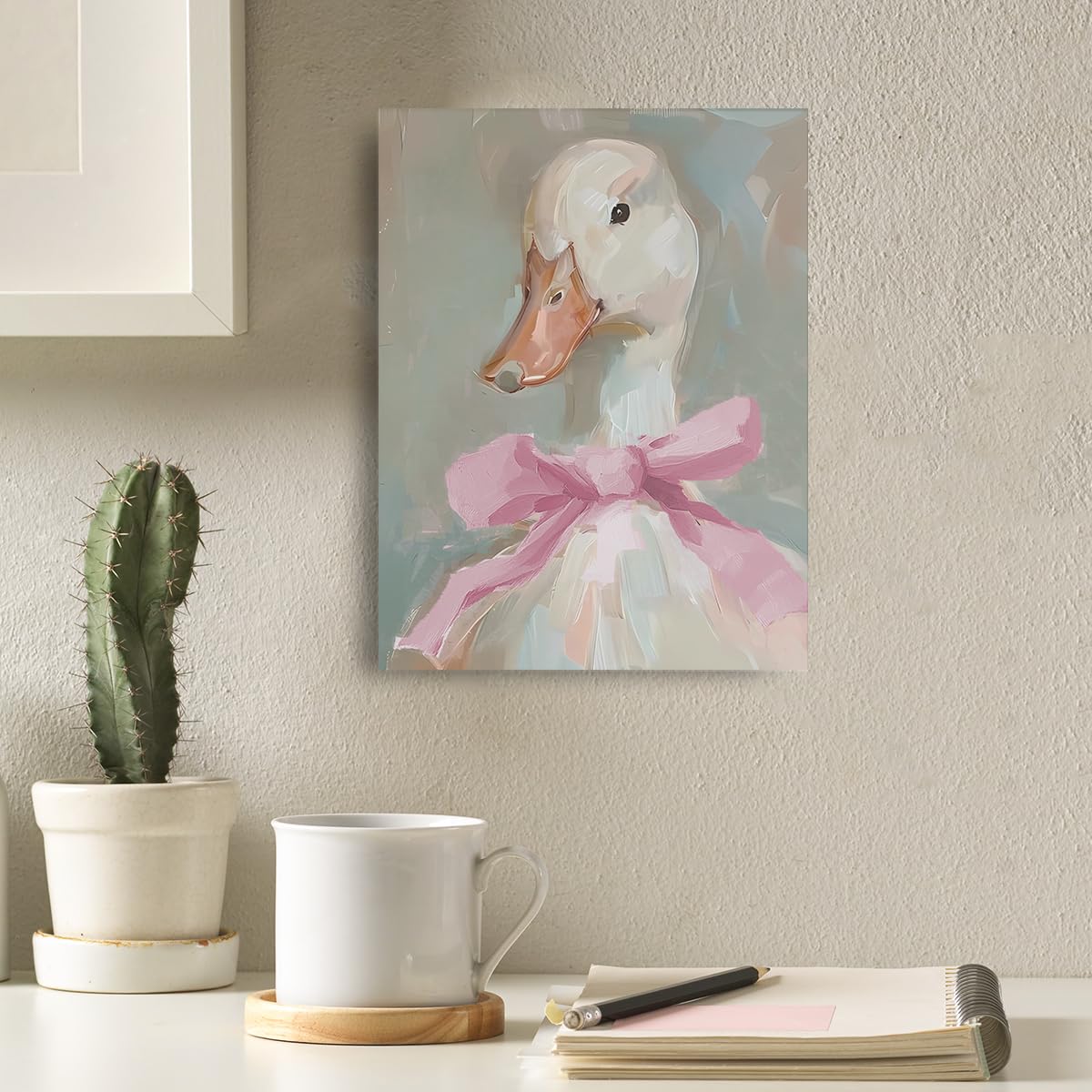 Cute Duck with Pink Bow Framed Art Paintings Wall Decor Duck Canvas Wall Art, Aesthetic Gifts And Animal Lover Prints Picture