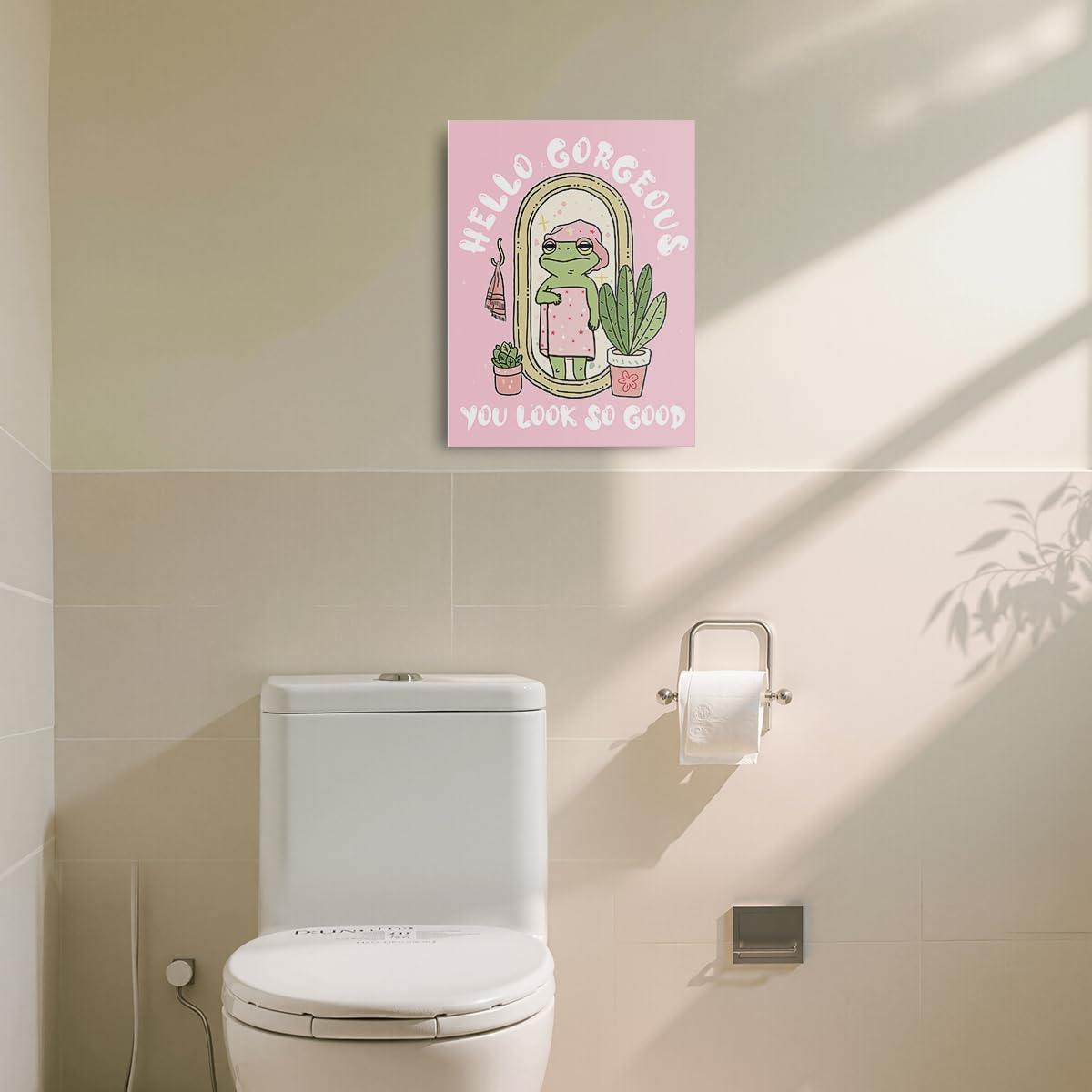 Funny Frog Self Love Pink Canvas Wall Art Framed Art Bathroom Decor Girly Dorm Room Decoration Girls Room Decor Painting Wall Decoration