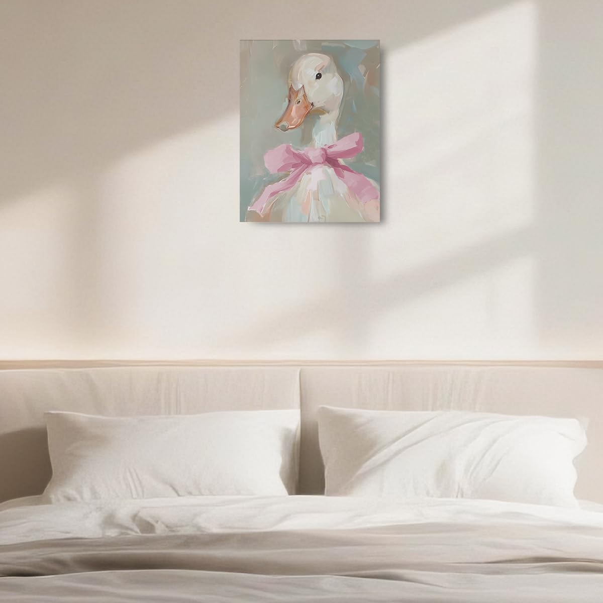 Cute Duck with Pink Bow Framed Art Paintings Wall Decor Duck Canvas Wall Art, Aesthetic Gifts And Animal Lover Prints Picture