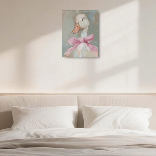 Cute Duck with Pink Bow Framed Art Paintings Wall Decor Duck Canvas Wall Art, Aesthetic Gifts And Animal Lover Prints Picture