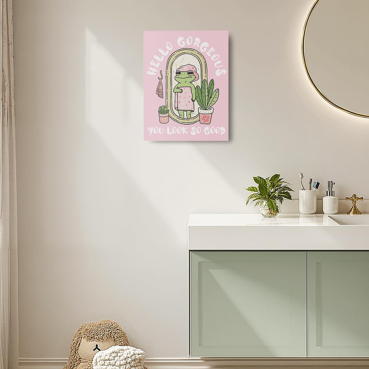Funny Frog Self Love Pink Canvas Wall Art Framed Art Bathroom Decor Girly Dorm Room Decoration Girls Room Decor Painting Wall Decoration