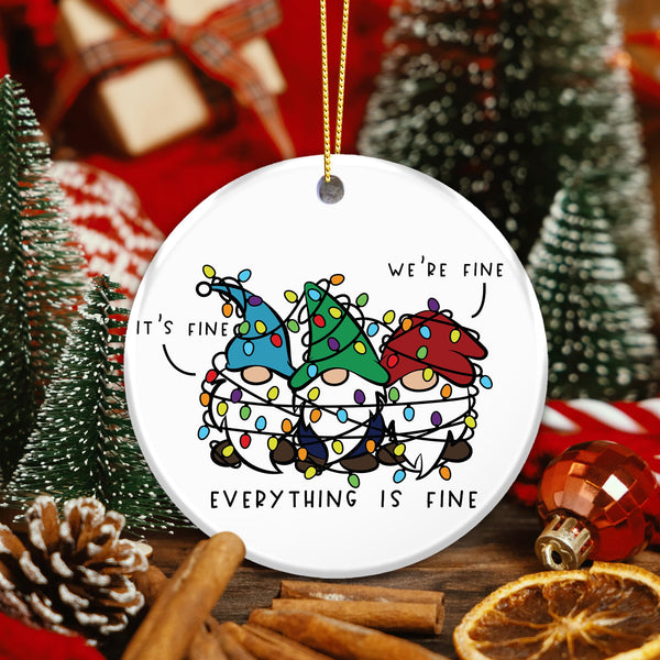 Funny Gnome Ornament 2025 – “Everything is Fine” Tangled Gnomes with Lights