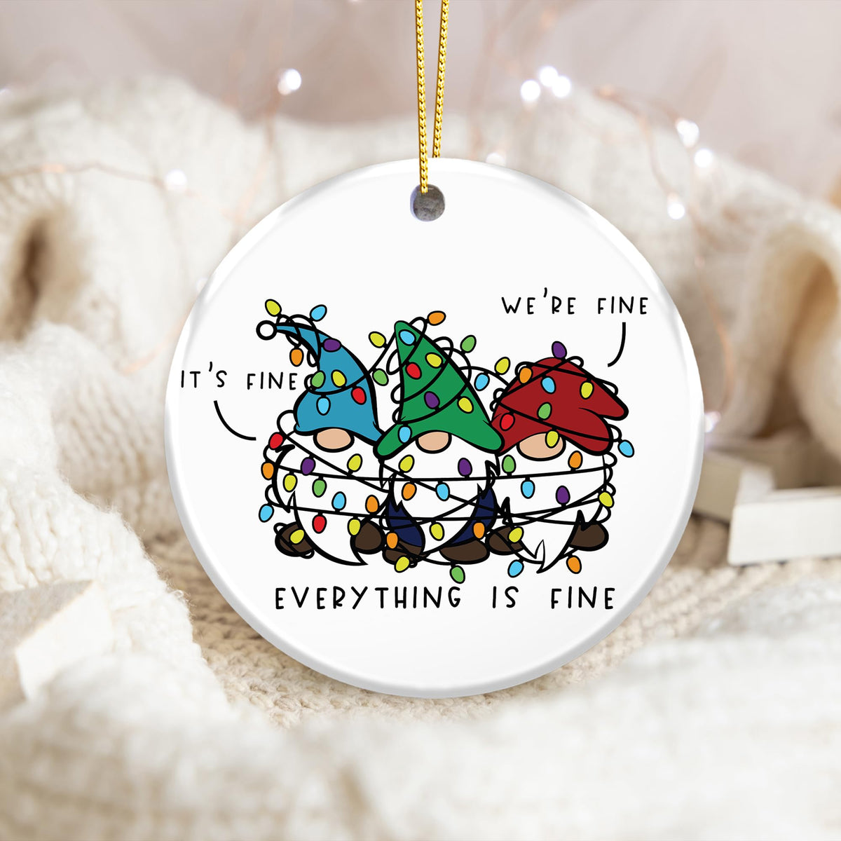 Funny Gnome Ornament 2025 – “Everything is Fine” Tangled Gnomes with Lights