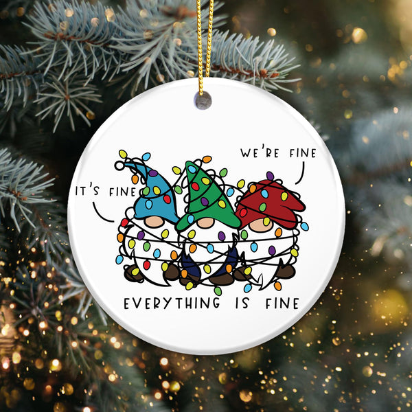 Funny Gnome Ornament 2025 – “Everything is Fine” Tangled Gnomes with Lights