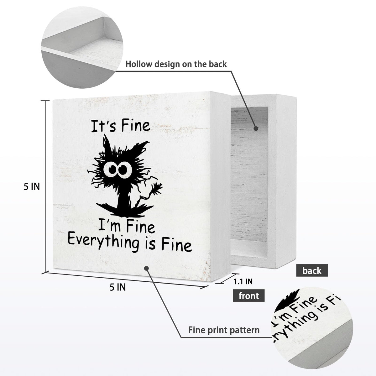 Funny Office Desk Decor - Black Cat 'It's Fine' Wood Box Sign