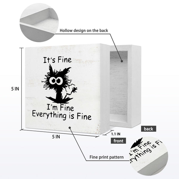 Funny Office Desk Decor - Black Cat 'It's Fine' Wood Box Sign