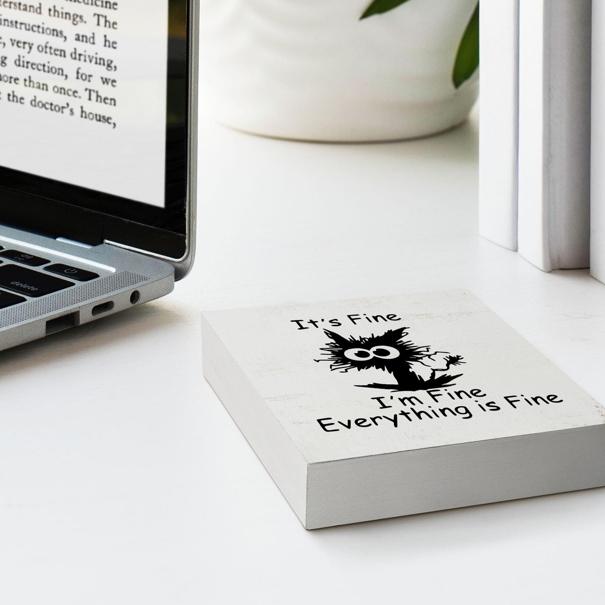 Funny Office Desk Decor - Black Cat 'It's Fine' Wood Box Sign