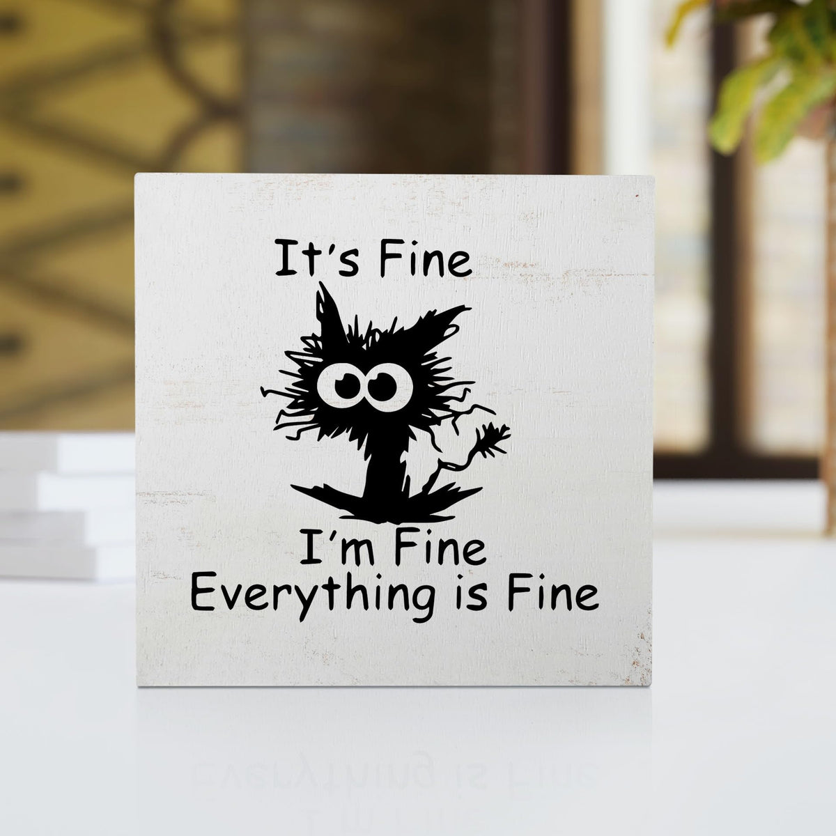 Funny Office Desk Decor - Black Cat 'It's Fine' Wood Box Sign