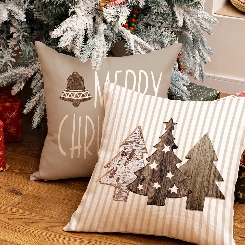 Christmas Pillow Covers 18 x 18 Inch Set of 4, Striped Wooden Tree Snow Sleigh Merry Bright Xmas Holiday Decor