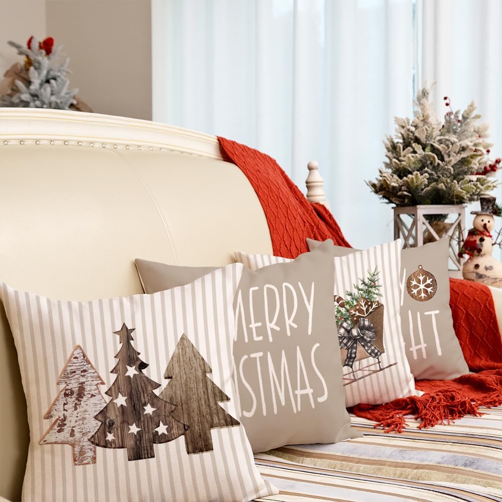 Christmas Pillow Covers 18 x 18 Inch Set of 4, Striped Wooden Tree Snow Sleigh Merry Bright Xmas Holiday Decor