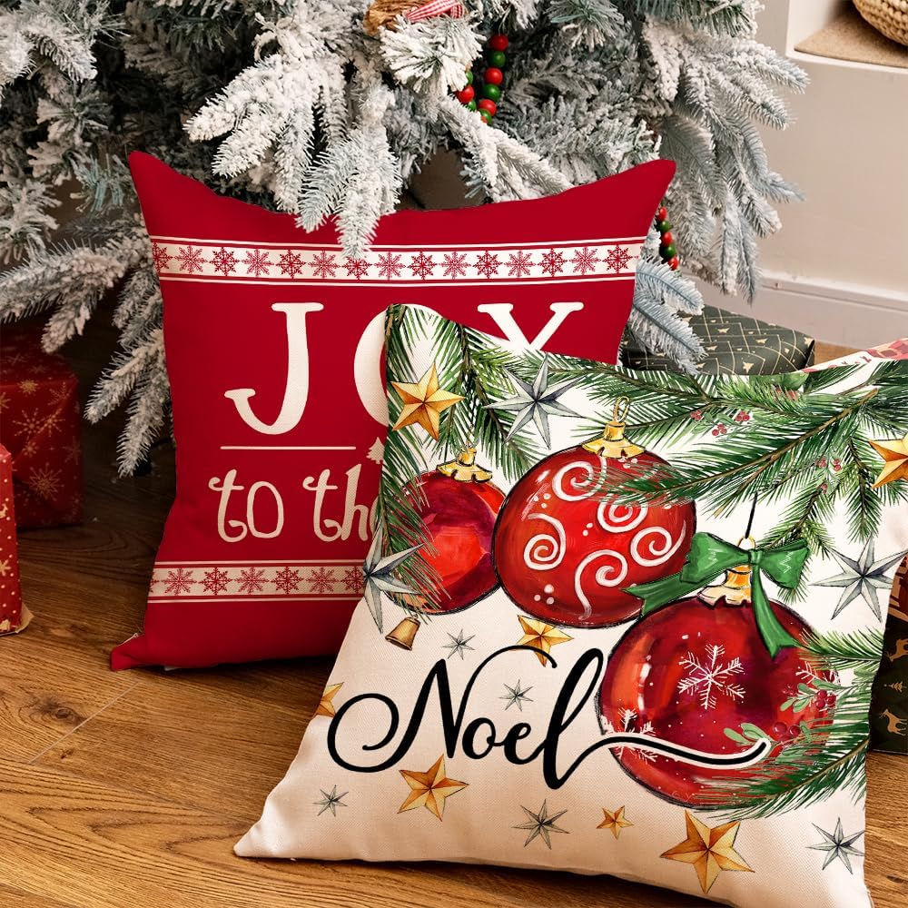 Christmas Pillow Covers 18x18 Inch Set of 4, Xmas Decorations Tree Balls Merry and Bright Joy to The World Red