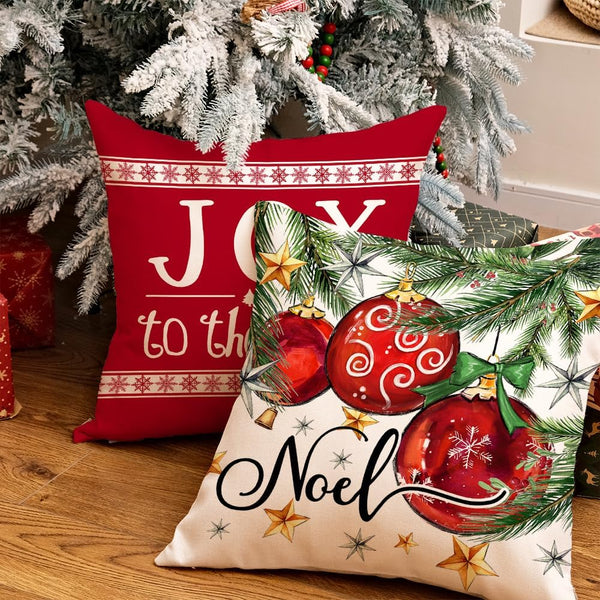 Christmas Pillow Covers 18x18 Inch Set of 4, Xmas Decorations Tree Balls Merry and Bright Joy to The World Red