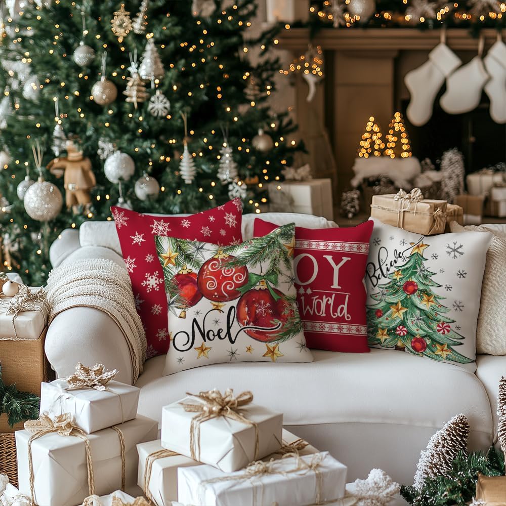 Christmas Pillow Covers 18x18 Inch Set of 4, Xmas Decorations Tree Balls Merry and Bright Joy to The World Red