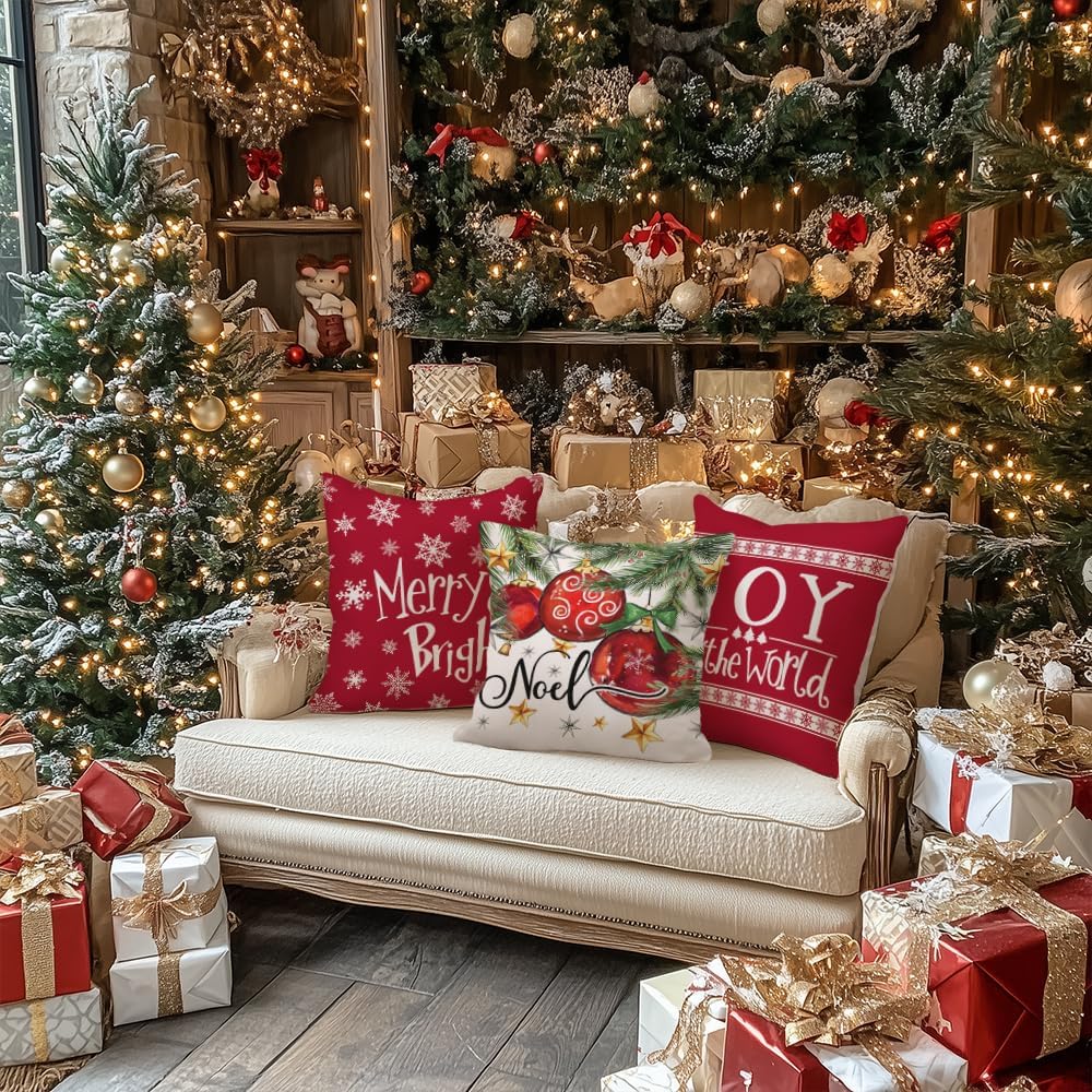 Christmas Pillow Covers 18x18 Inch Set of 4, Xmas Decorations Tree Balls Merry and Bright Joy to The World