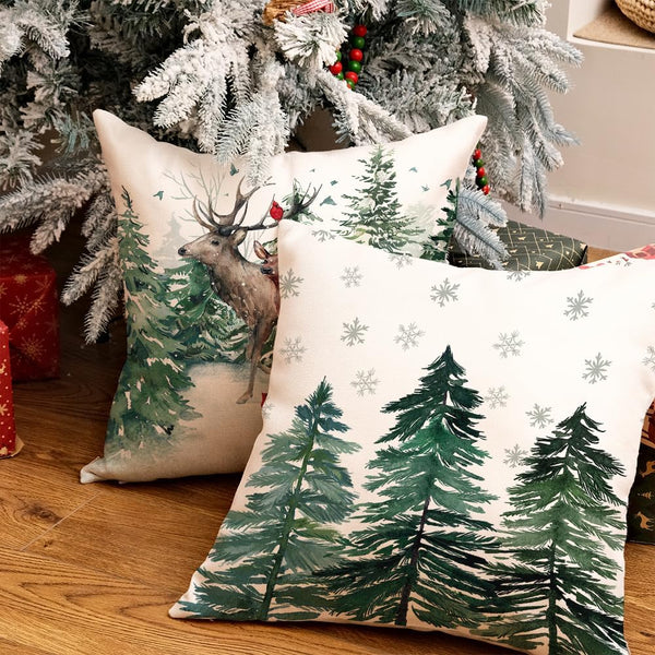 Christmas Tree Reindeer Pillow Covers 18 x 18 Inch Set of 4, Xmas Decorations, Holiday Hello Winter