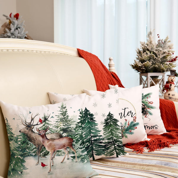 Christmas Tree Reindeer Pillow Covers 18 x 18 Inch Set of 4, Xmas Decorations, Holiday Hello Winter