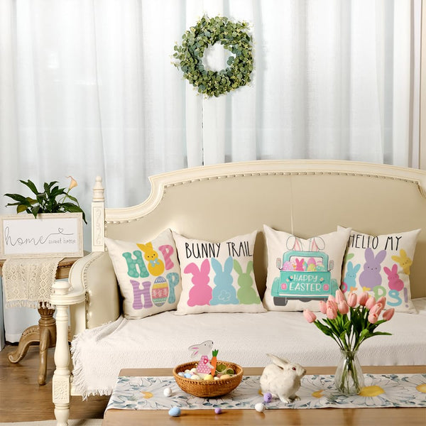 Easter Pillow Covers 18x18 Set of 4 Easter Decorations for Home Bunny Truck Hello Peeps Hip Hop