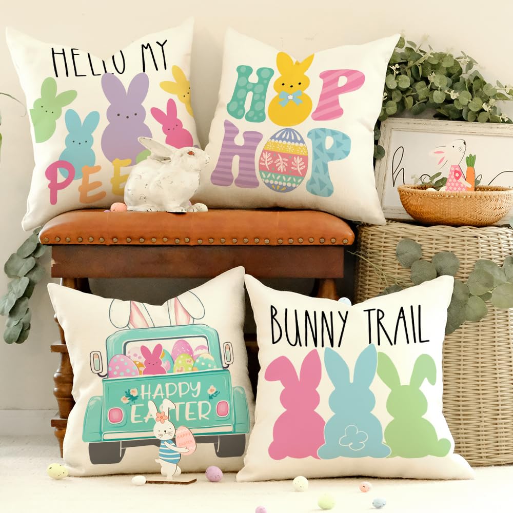 Easter Pillow Covers 18x18 Set of 4 Easter Decorations for Home Bunny Truck Hello Peeps Hip Hop