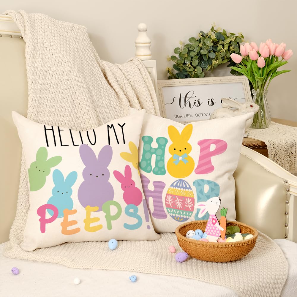 Easter Pillow Covers 18x18 Set of 4 Easter Decorations for Home Bunny Truck Hello Peeps Hip Hop