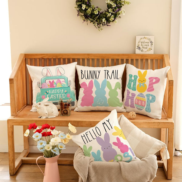 Easter Pillow Covers 18x18 Set of 4 Easter Decorations for Home Bunny Truck Hello Peeps Hip Hop