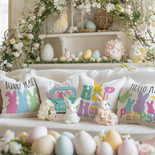 Easter Pillow Covers 18x18 Set of 4 Easter Decorations for Home Bunny Truck Hello Peeps Hip Hop