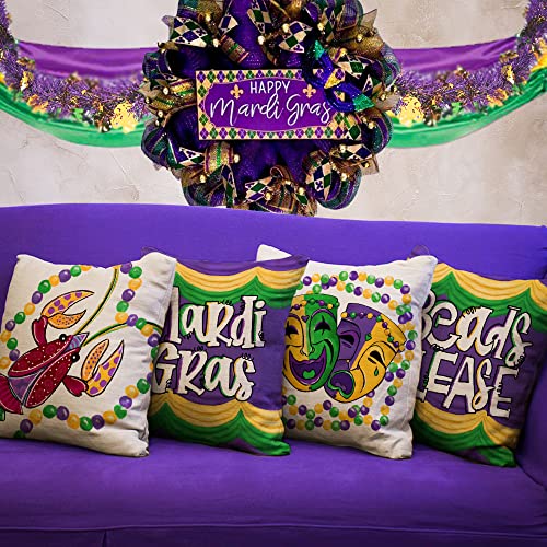 Mardi Gras Pillow Covers 18x18 Inch Set of 4 for Home Decorations - Beads, Eye Mask, Fleur De Lis Decor